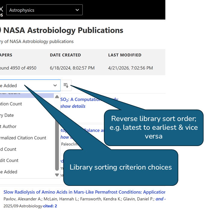 SciX library sorting controls showing a dropdown menu and sort order toggle