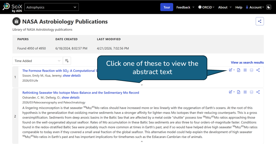 SciX paper list with one entry expanded to display its abstract and action icons